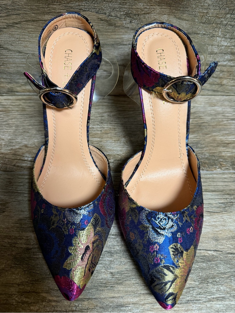 Chase + Chloe Blue Floral Jacquard Ankle-Strap Pumps with Gold and Pink Accents